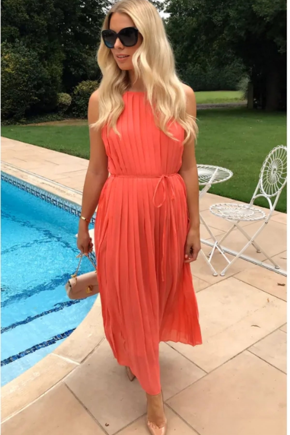 Pleated Full Length Maxi Dress in salmon pink
