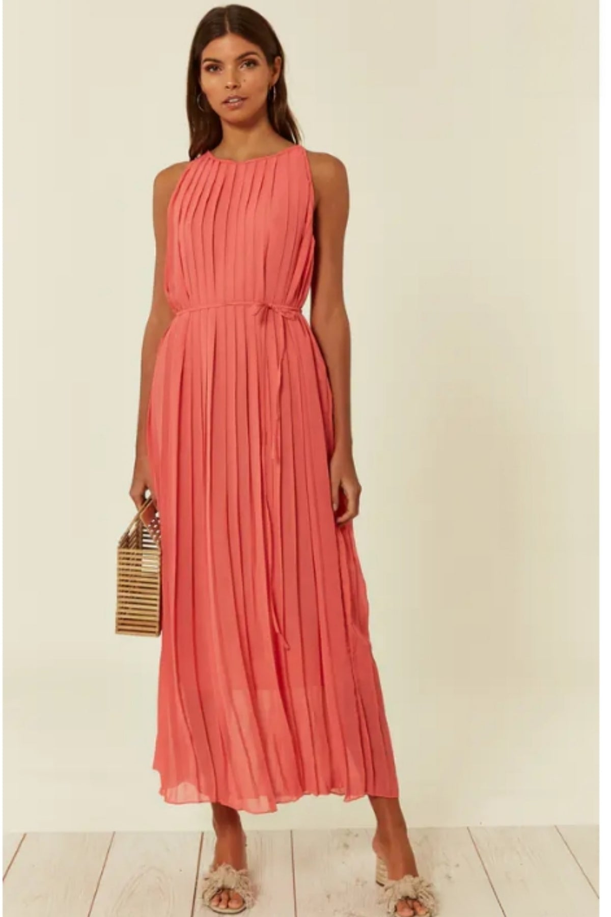 Pleated Full Length Maxi Dress in salmon pink