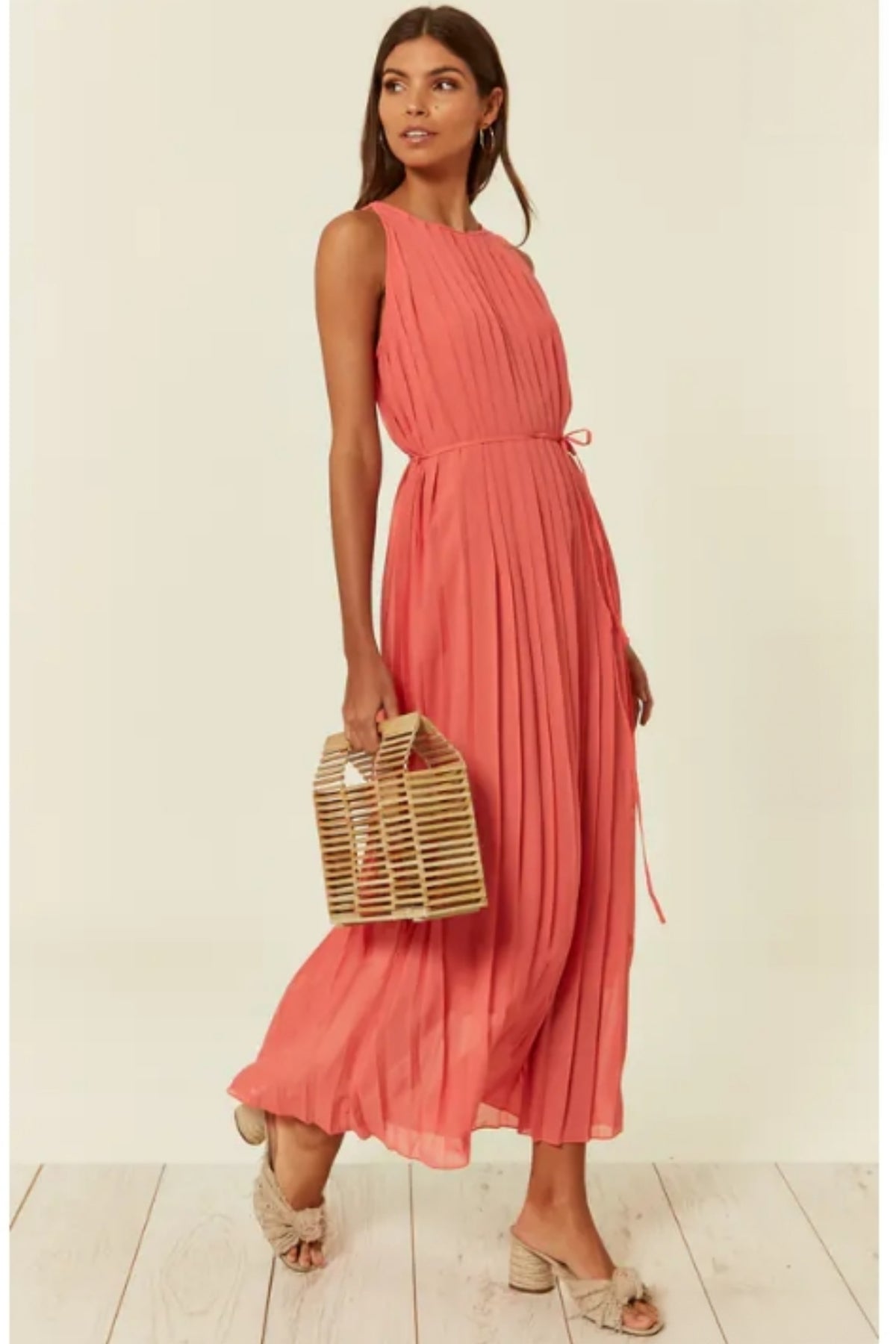 Pleated Full Length Maxi Dress in salmon pink