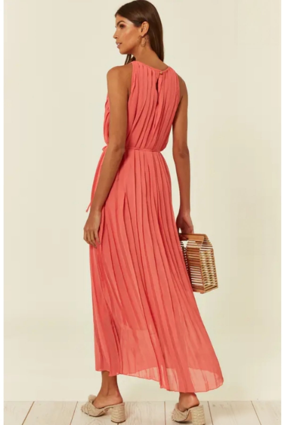 Pleated Full Length Maxi Dress in salmon pink