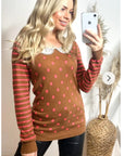 Dot and Strip Print with Crochet Collar Jumper