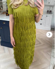 Pleated Midi dress with multi layer fringed tassel design in Green
