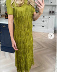 Pleated Midi dress with multi layer fringed tassel design in Green
