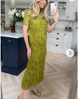 Pleated Midi dress with multi layer fringed tassel design in Green