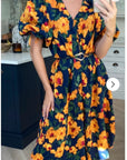Oversized puff sleeve midi dress in Yellow Floral Print
