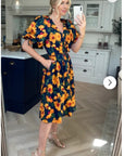 Oversized puff sleeve midi dress in Yellow Floral Print
