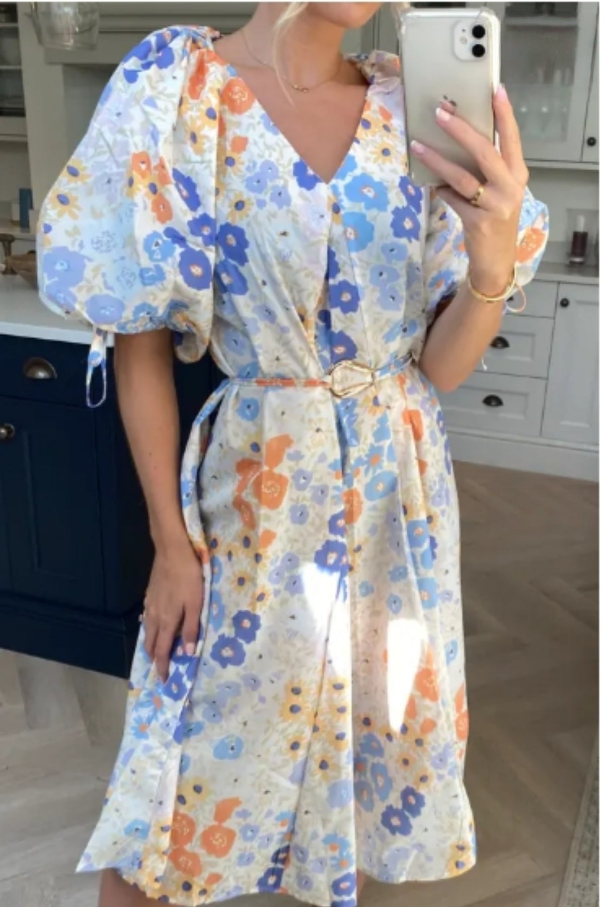 Oversized puff sleeve midi dress in Multi color floral print