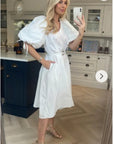 Oversized puff sleeve midi dress in White