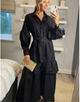 Puff sleeve shirt dress with tiered hem skirt in black