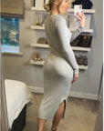 Ribbed midi Knit dress long sleeves in plain grey
