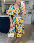 Oversized puff sleeve midi dress in COCONUT TREE Print