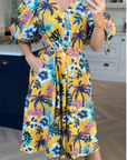 Oversized puff sleeve midi dress in COCONUT TREE Print