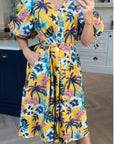 Oversized puff sleeve midi dress in COCONUT TREE Print