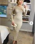 Ribbed midi Knit dress long sleeves in plain beige
