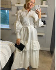 Puff sleeve shirt dress with tiered hem skirt in white
