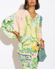 Leaves and Floral Scarf Pirnt Pleated Dress in Kimono sleeves in green