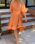 Ruffle Hem Oversized dress with belt in orange