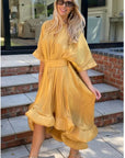 Ruffle Hem Oversized dress with belt in yellow