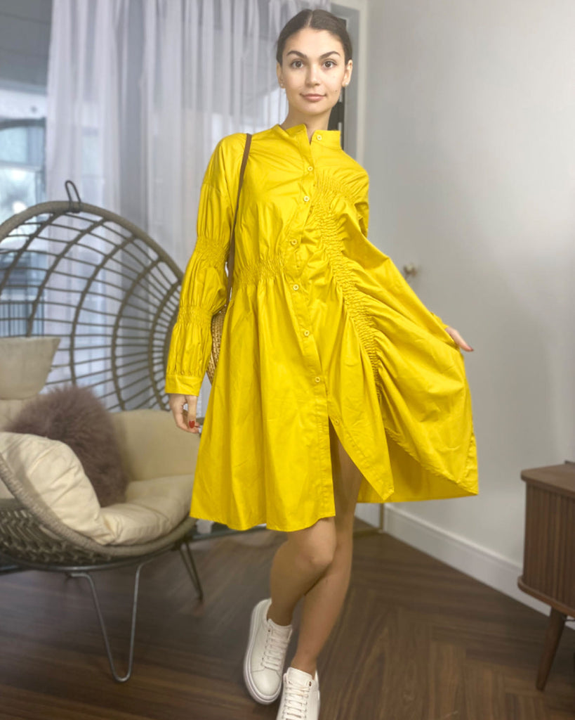 Asymmetry with Elasticated design cotton blend shirt dress in Yellow