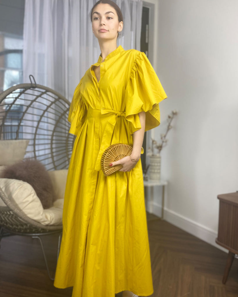 Cotton blend oversized shirt dress with ruffle sleeves design in yellow