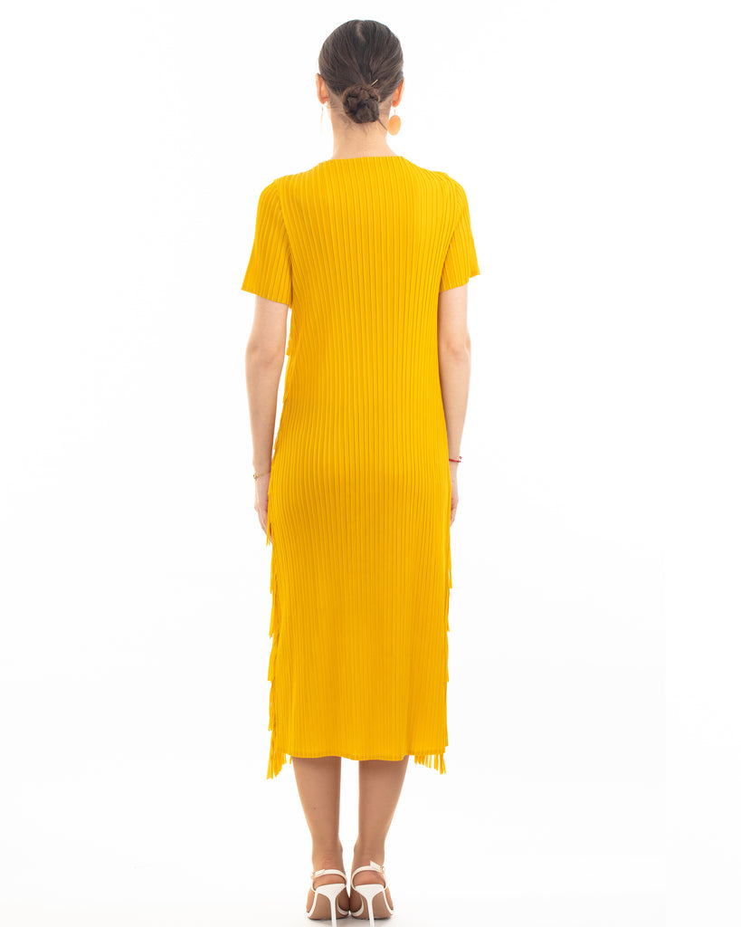 Pleated Midi dress with multi layer fringed tassel design in Yellow