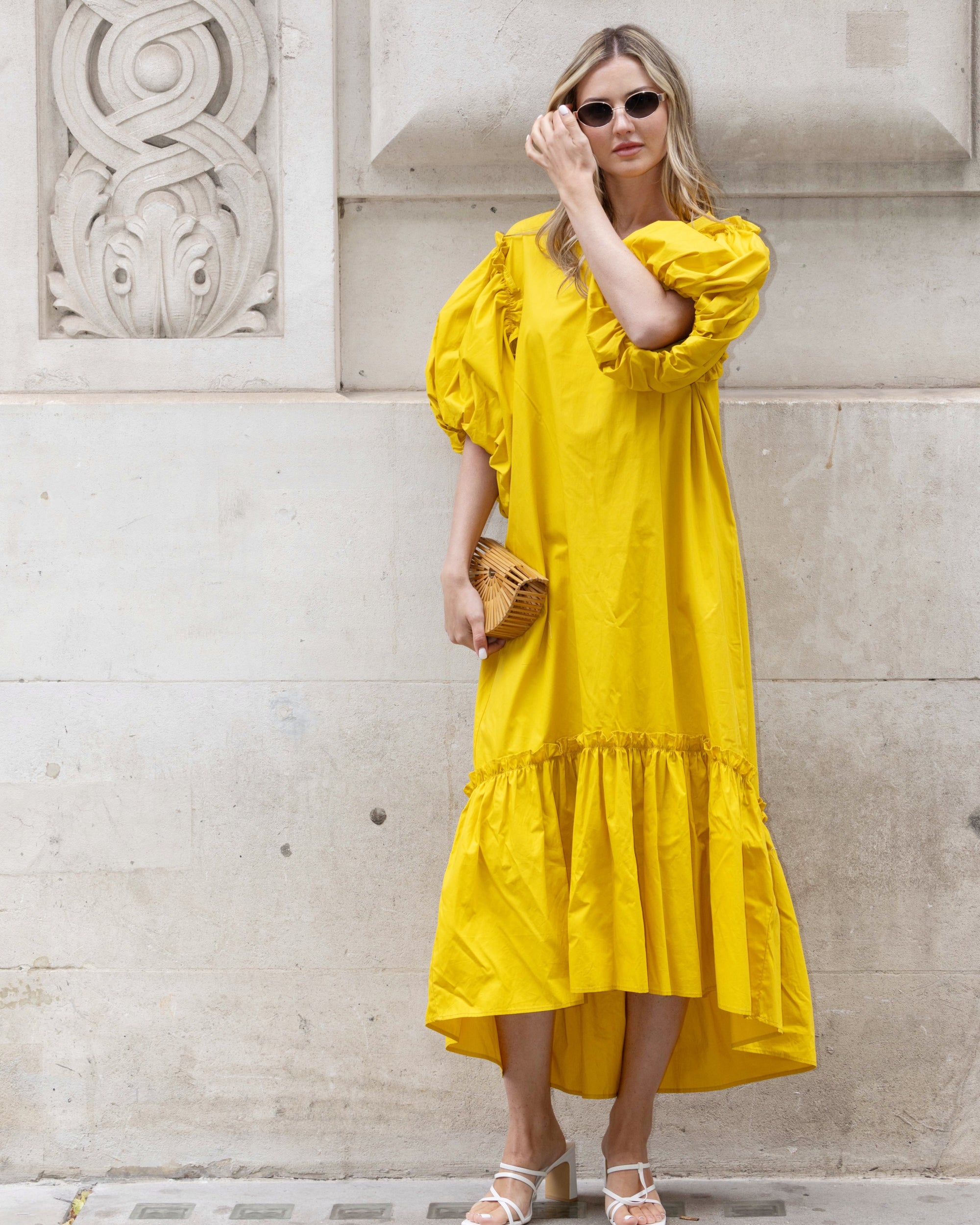 Oversized Puff Sleeves ruffle hem design Maxi dress in Yellow CY Boutique Oversized Puff Sleeves ruffle hem design Maxi dress in Yellow CY Boutique