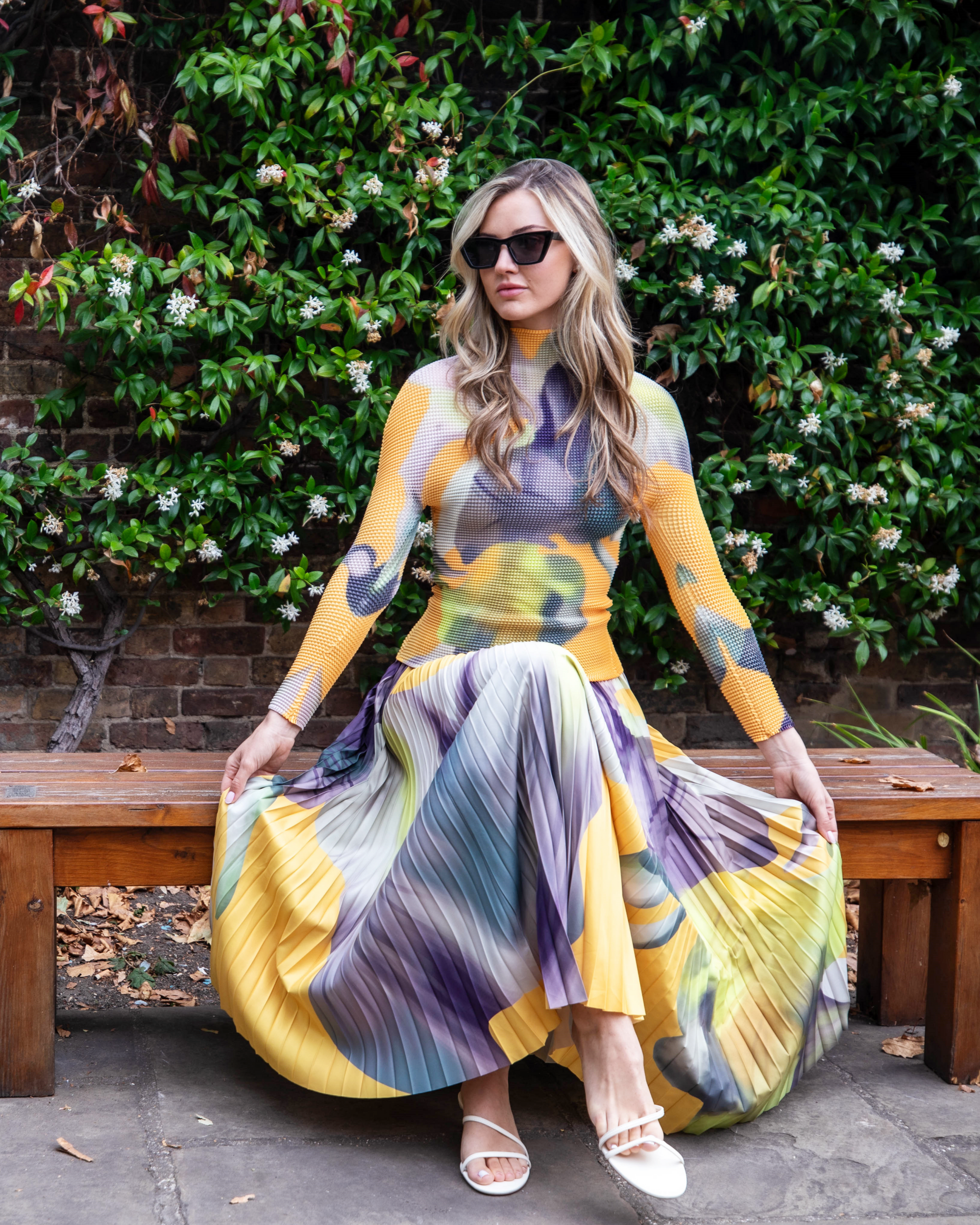 Floral Print Full Pleated Printed Top And Midi Skirt In Yellow