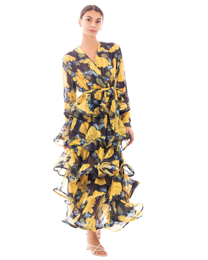Floral Print Ruffle Multi Layer Hem design maxi long Dress in yellow