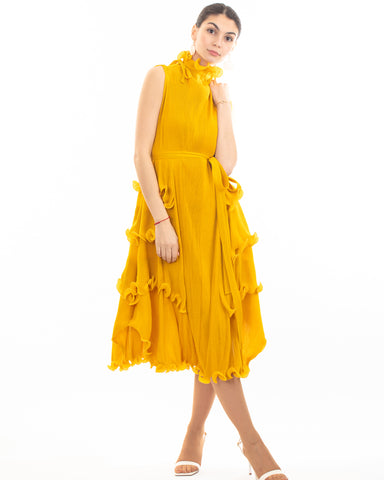 Pleated Midi dress with frilled layer and scallopd neckline design in Yellow