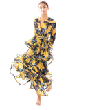 Floral Print Ruffle Multi Layer Hem design maxi long Dress in yellow