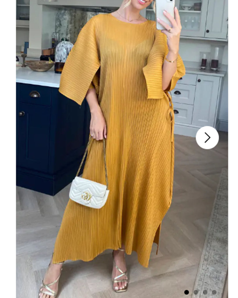 Full Length Pleated maxi dress with cap sleeves in mustard yellow