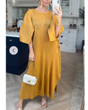 Full Length Pleated maxi dress with cap sleeves in mustard yellow