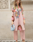Full Pleated Floral Print Shirt And Trousers In Pink