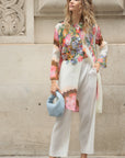 Full Pleated Floral Print Shirt And Trousers In White