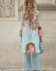 Full Pleated Floral Print Shirt And Trousers In Blue