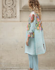 Full Pleated Floral Print Shirt And Trousers In Blue