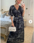 Black gery Print Chiffon Wrap Maxi Dress