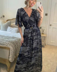 Black gery Print Chiffon Wrap Maxi Dress