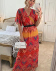Lady Red Paisley Print Chiffon Wrap Maxi Dress