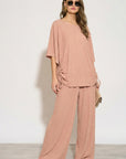 Cotton blend comfort stretch-jersey Lace up top and Relaxed-fit trousers in Pink
