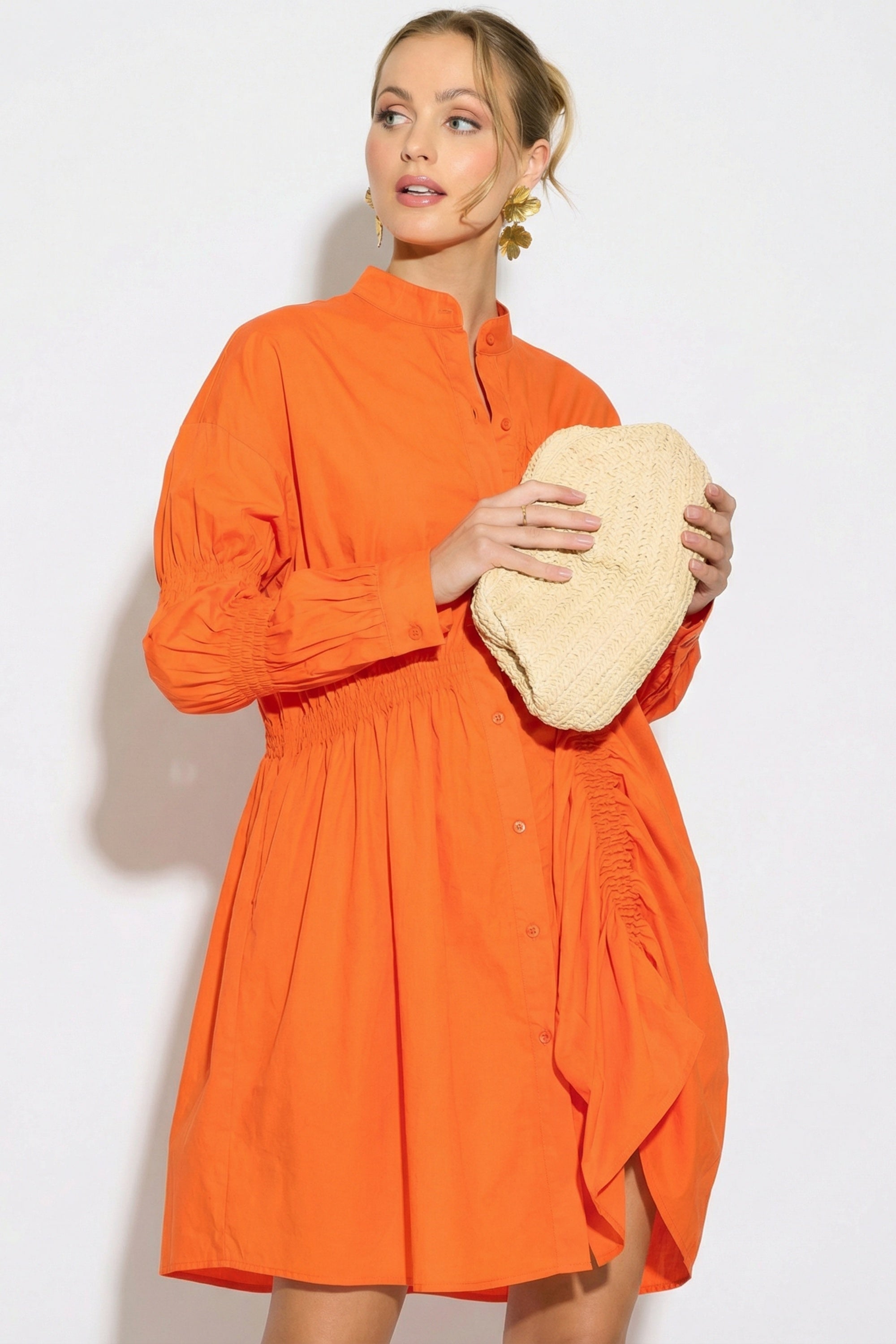 Asymmetry with Elasticated design cotton blend shirt dress in
