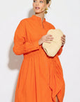 Asymmetry with Elasticated design cotton blend shirt dress in Orange