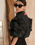 Double Layered Ruffles statements sleeves shirt top in black