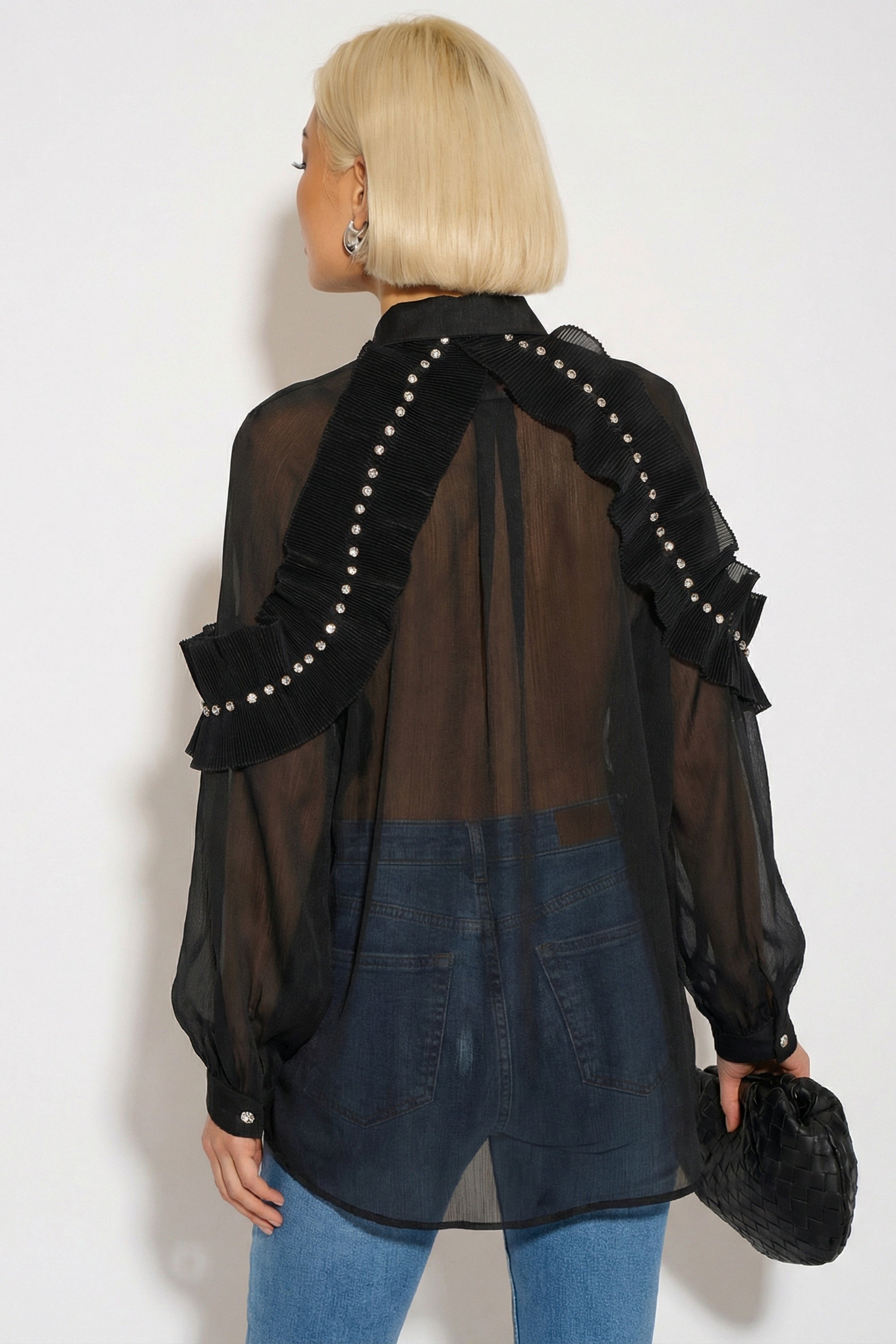Pleated ruffles with multi dimoned stone embellished sleeves design or ...