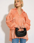 Pleated ruffles with multi dimoned stone embellished sleeves design organza shirt in peach