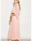 Pleated long dress with organza pleated cape sleeves in Light Pink