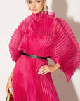 Pleated long dress with organza pleated cape sleeves in Hot Pink