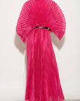 Pleated long dress with organza pleated cape sleeves in Hot Pink