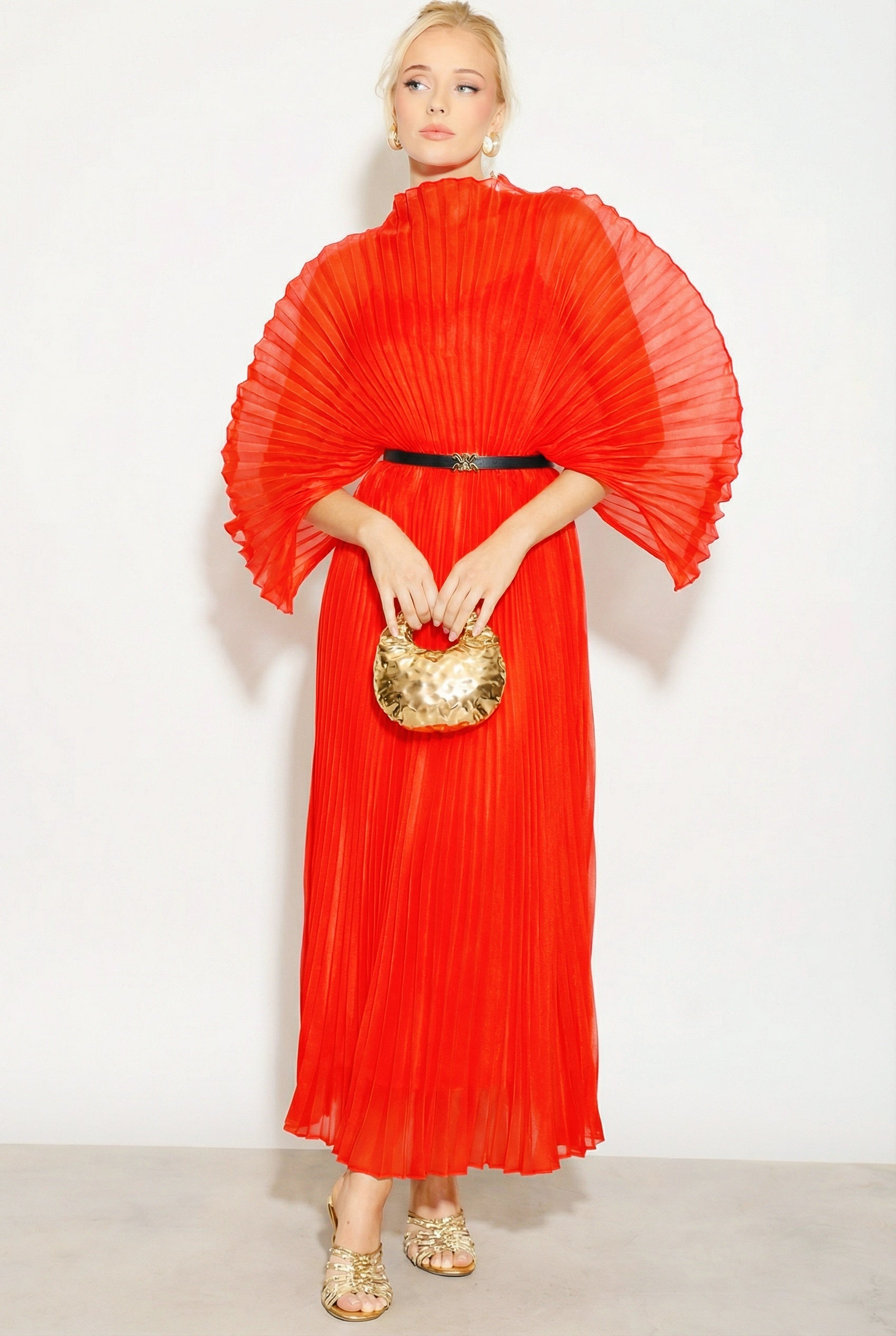 Pleated long dress with organza pleated cape sleeves in Red