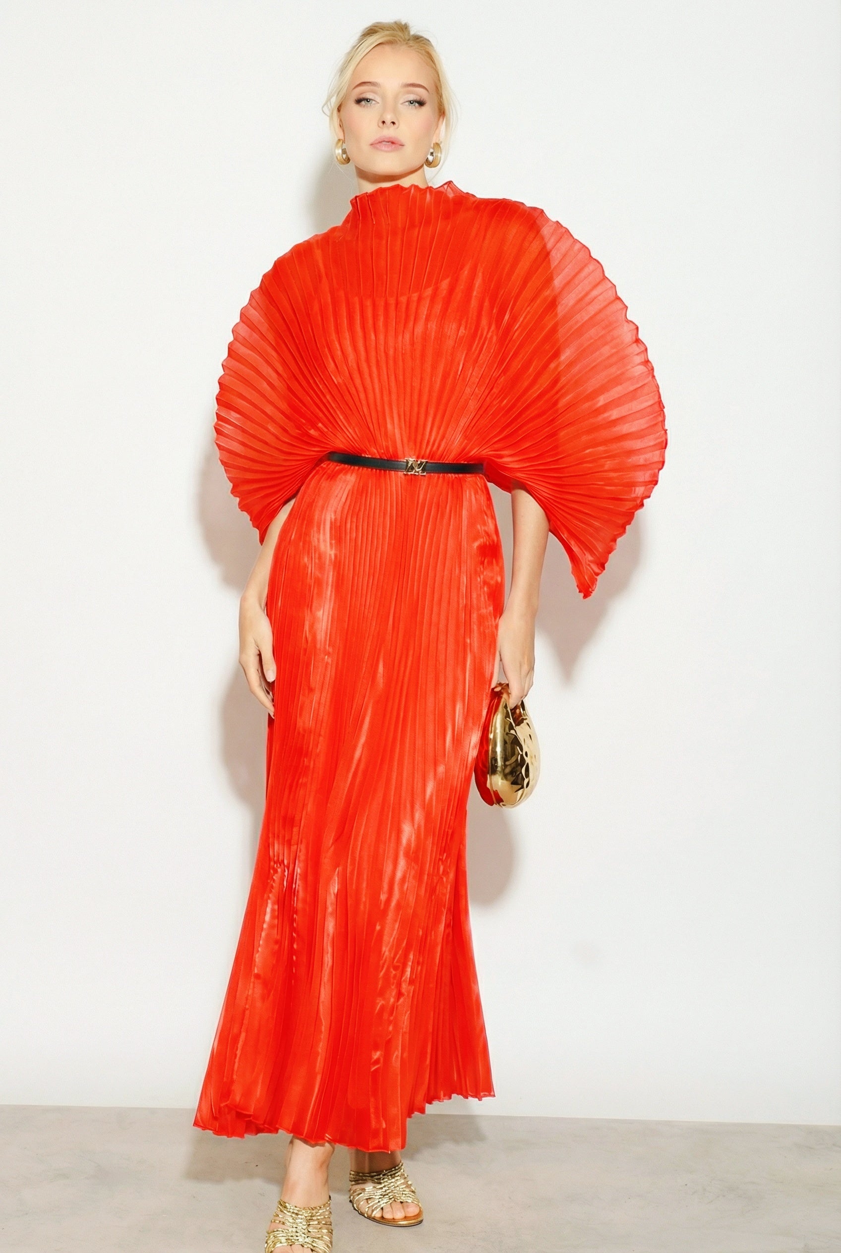 Pleated long dress with organza pleated cape sleeves in Red